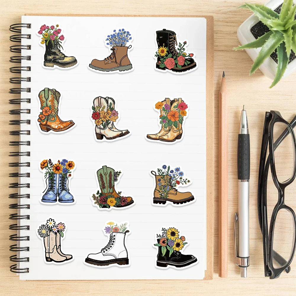 50pcs Vintage Flowers Boots Graffiti Stickers  DIY Scrapbooking  Waterproof Sticker For Laptop Phone Guitar Luggage (Online Order Only)