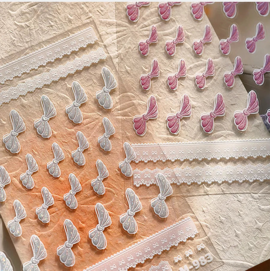 Pink White Bowknot Jelly Knot Lace Delicate Decorative Border Shiny 5D Self Adhesive Nail Art Stickers Manicure Decals Wholesale (Online Order Only)