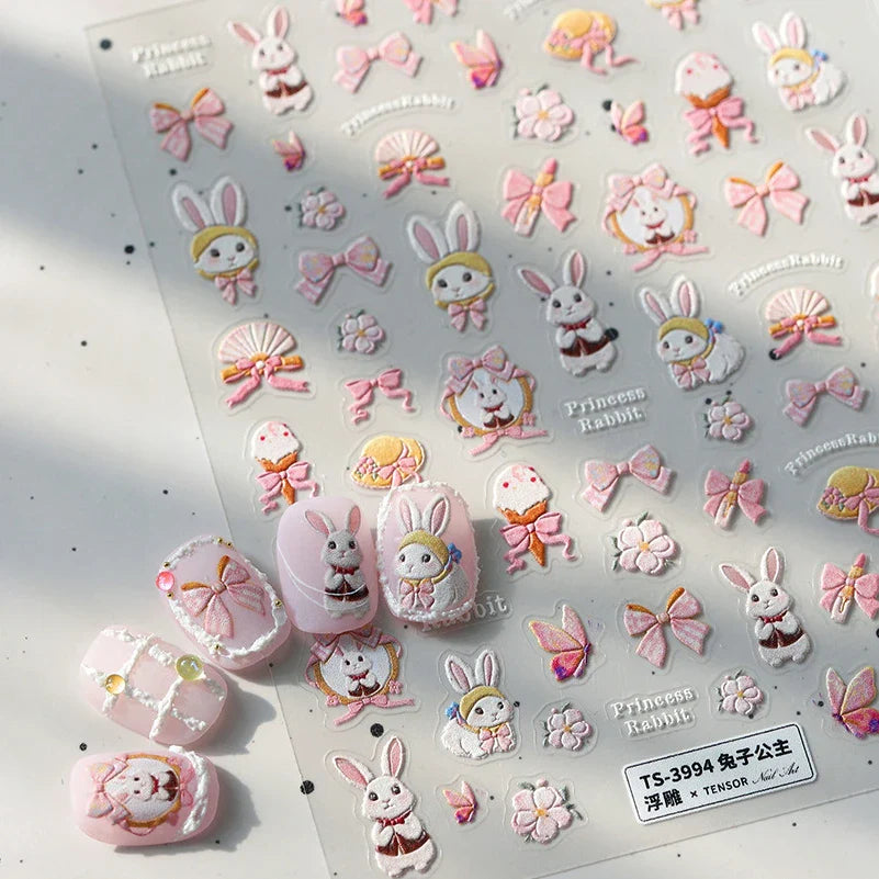 Cute Rabbit Fan Peach Blossom Teacup Lollipop Strawberry Star Cherry Hat Soft Embossed Adhesive Nail Art Stickers Manicure Decal (ONLINE ORDER ONLY)