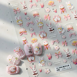 Cute Rabbit Fan Peach Blossom Teacup Lollipop Strawberry Star Cherry Hat Soft Embossed Adhesive Nail Art Stickers Manicure Decal (ONLINE ORDER ONLY)