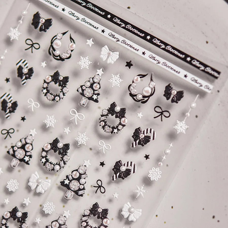 Black White Christmas Tree Snowflake Bowknot Snowman Socks Star Santa Hat Deer Rhinestone Winter Nail Art Sticker Manicure Decal (Online Order Only)
