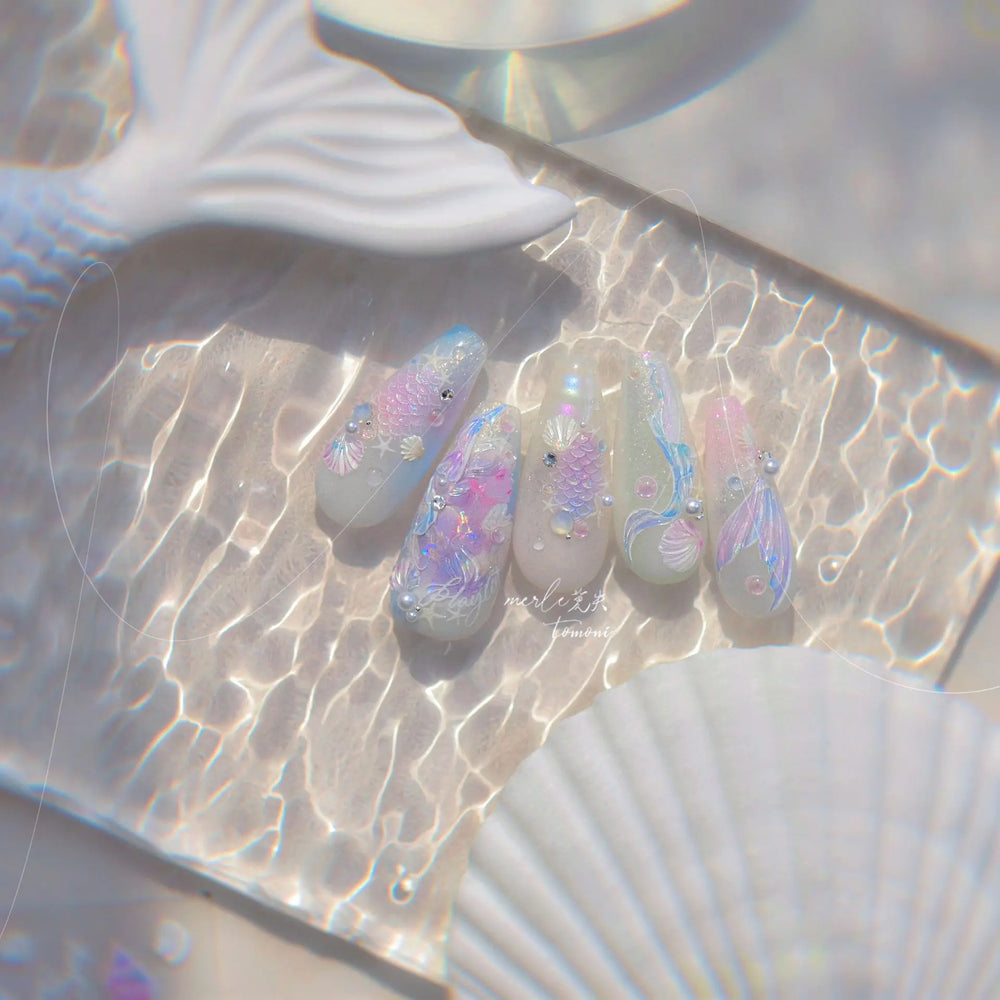 Mermaid Girl Conch Starfish Shell Bowknot Fish Scale Purple Ribbon Water Bubbles Chic Adhesive Nail Art Sticker Manicure Decals (ONLINE ORDER ONLY)