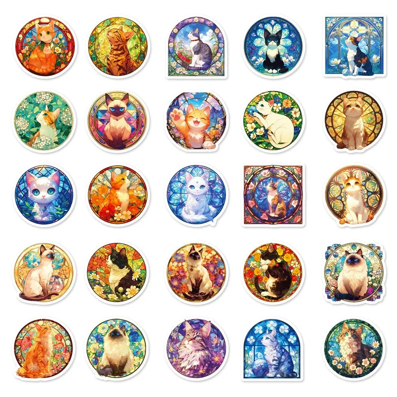 10/30/50PCS Kawaii Glass Cat Sticky PVC Sticker Aesthetic Stationery DIY Decoration Scrapbooking School Supplies for Kids (ONLINE ORDER ONLY)