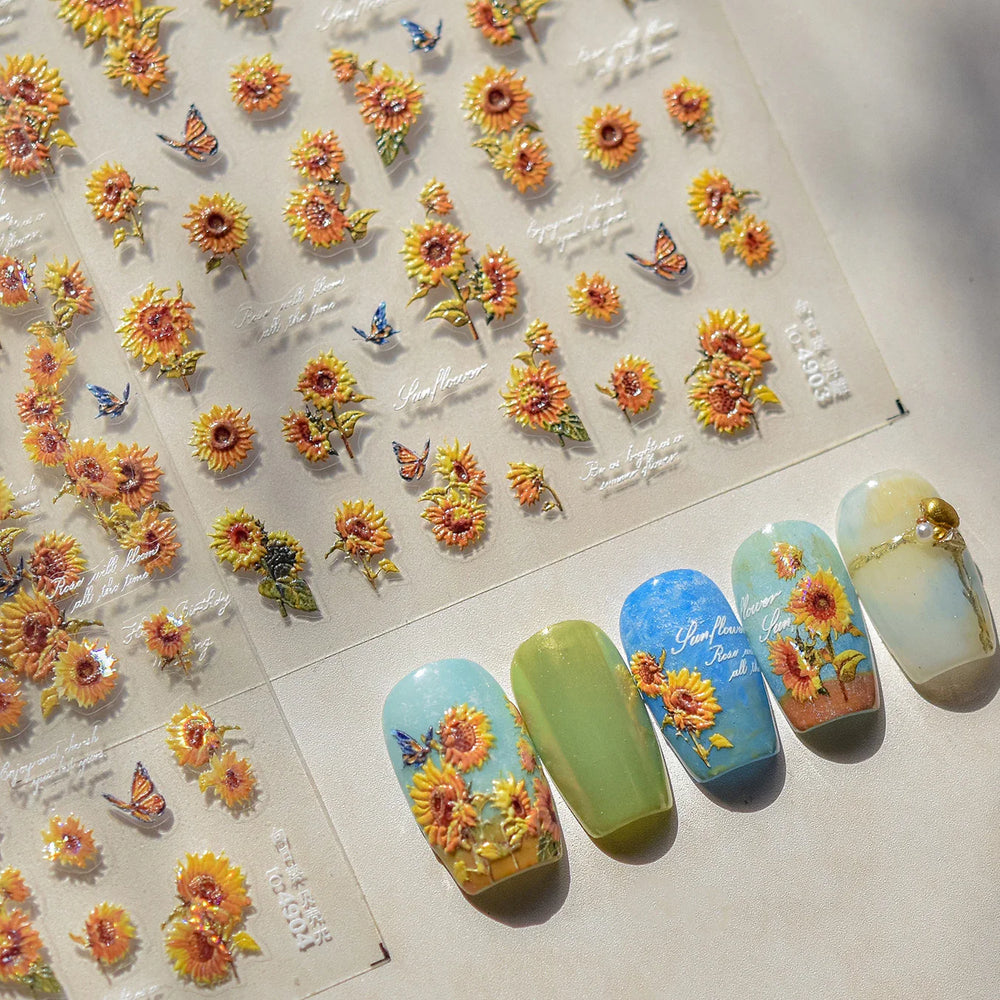 Embossed Shiny Vigor Sunflower Turnsole Vitality Butterfly Daisy Oil Painting Plant 5D Adhesive Nail Art Sticker Manicure Decals (ONLINE ORDER ONLY)