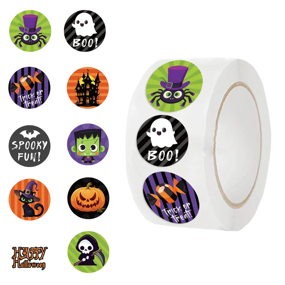 500pcs/Roll Halloween Horror Cartoon Round Sealing Stickers DIY PVC Laptop Decals Decoration Stiker Reward Gift Toys (ONLINE ORDER ONLY)