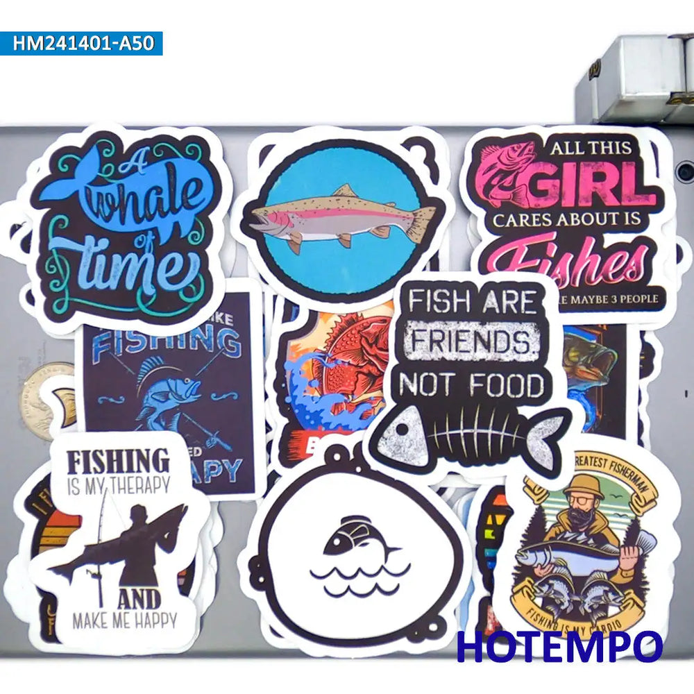 20/30/50Pieces Fisherman Style Funny Slogan Go Fishing Stickers for Boats Luggage Scrapbook Car Motorcycle Phone Laptop Sticker (Online Order Only)