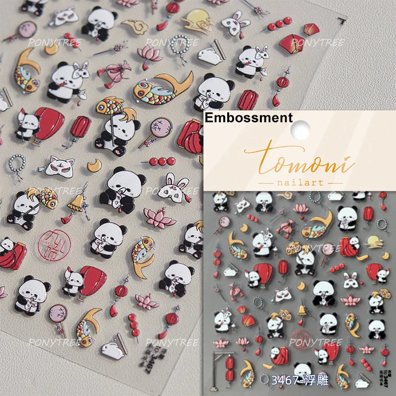 Panda Bamboo Butterfly Pattern Totem Figure Peony Flower Love Heart Adhesive Nail Art Stickers Embroidery Pearl Manicure Decals (ONLINE ORDER ONLY)