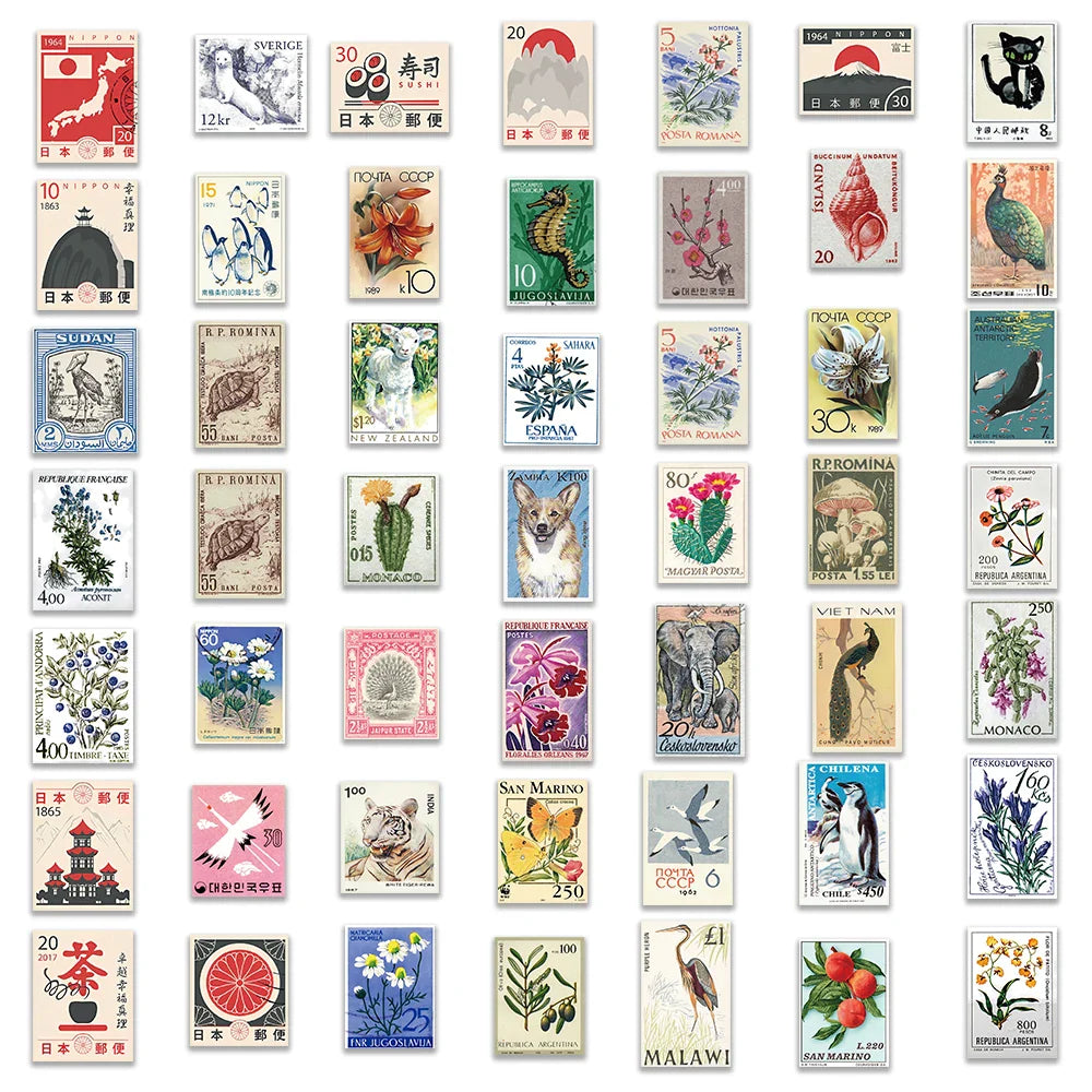 50pcs Retro Stamp Art Stickers Vintage Aesthetic Cartoon Decals For Laptop Luggage Skateboard Phone Sticker Kids Toys (ONLINE ORDER ONLY)