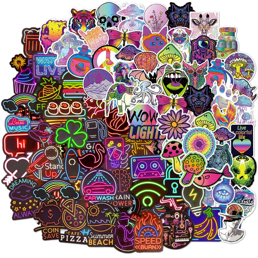 110Pcs Psychedelic Mushroom Stickers Neon Light Waterproof Stickers Suitable for Laptop Helmets Bicycles Children's Gift Sticker (Online Order Only)