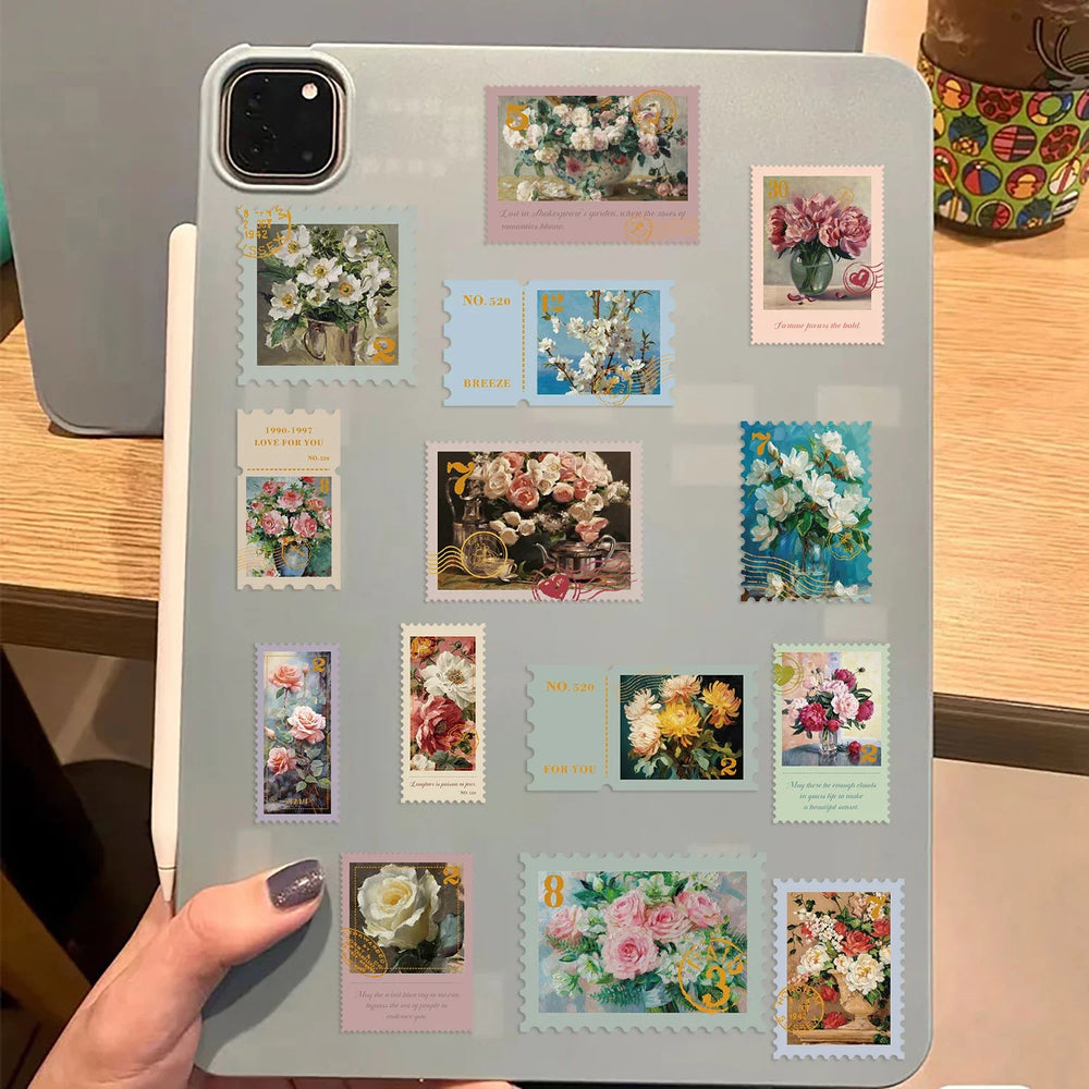 50Pcs Retro Flower Stamps Aesthetic Stickers Graffiti Decals for Scrapbooking Notebook Travel Luggage Bike Phone Sticker﻿ (ONLINE ORDER ONLY)