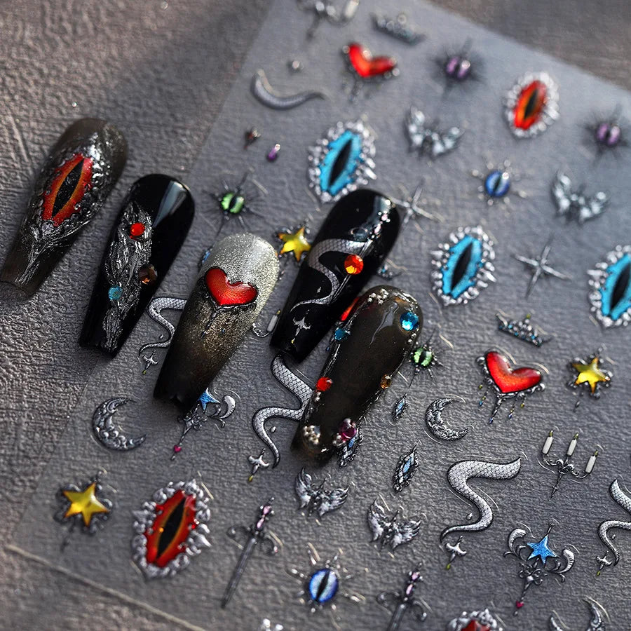 Glitter Star Snake Moon Darkness Eye Love Heart Crown Sword Self Adhesive Nail Art Stickers Punk Jelly Angel Wing Manicure Decal (ONLINE ORDER ONLY)