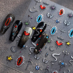 Glitter Star Snake Moon Darkness Eye Love Heart Crown Sword Self Adhesive Nail Art Stickers Punk Jelly Angel Wing Manicure Decal (ONLINE ORDER ONLY)