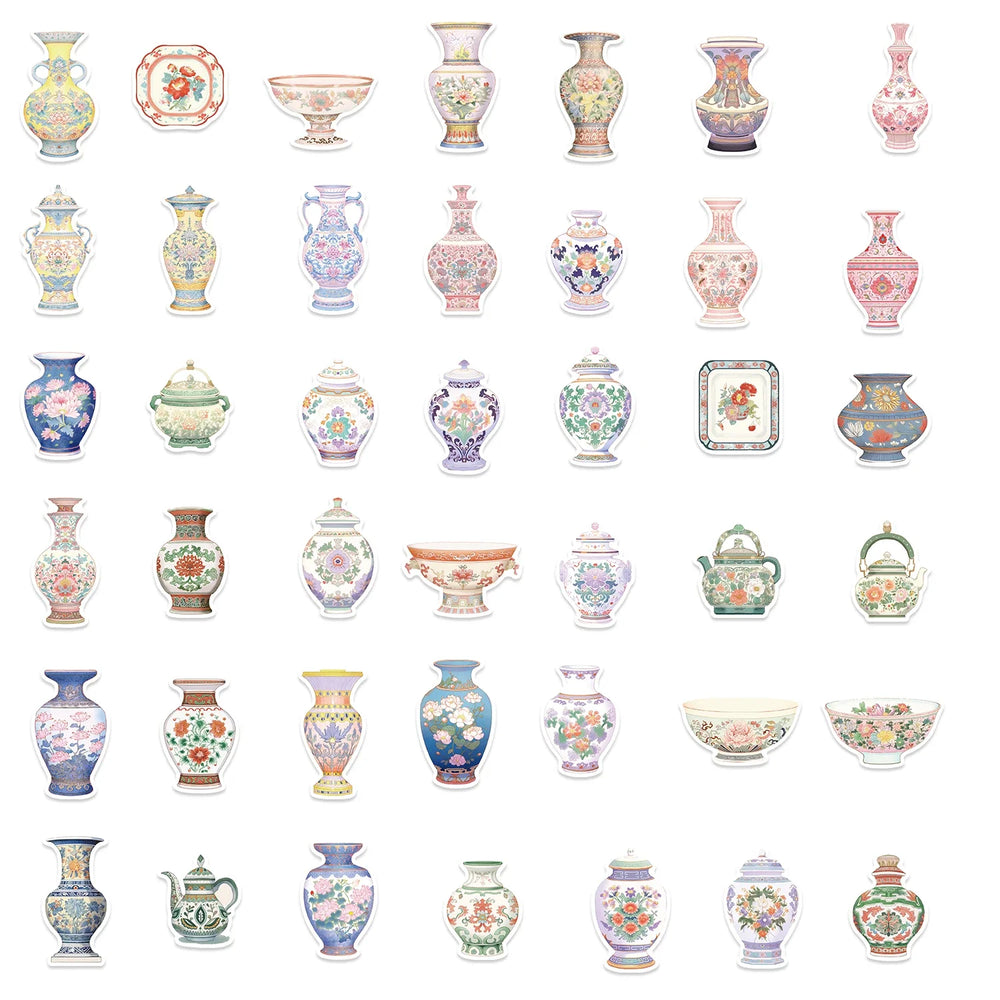 52Pcs Retro Chinese Style Porcelain Design Stickers Self Adhesive DIY Skateboard Guitar Laptop Phone Decals StickerToys (ONLINE ORDER ONLY)