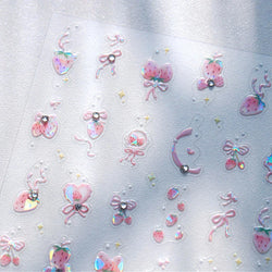 Cute Pink Strawberry Bowknot Star Lesbian Ribbon Fluttering Fruit Rhinestone Relief Adhesive Nail Art Stickers Manicure Decals (ONLINE ORDER ONLY)