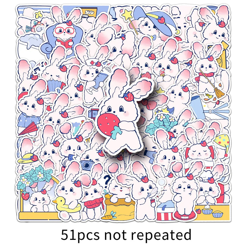 10/30/50PCS Strawberry Bunny Stickers Cute Animal Decals DIY Scrapbook Fridge Luggage Laptop Phone Guitar Bike Cartoon Sticker (Online Order Only)