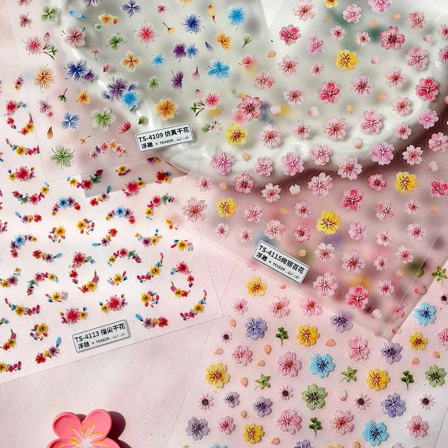 Colorful Dried Flowers Wreath Floral Plant Petal Bud Garden Charming 5D Reliefs Self Adhesive Nail Art Stickers Manicure Decals (Online Order Only)
