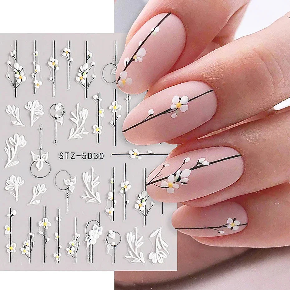 5D Floral Nail Stickers Wedding Design Embossed Adhesive Sliders (Online Order Only)