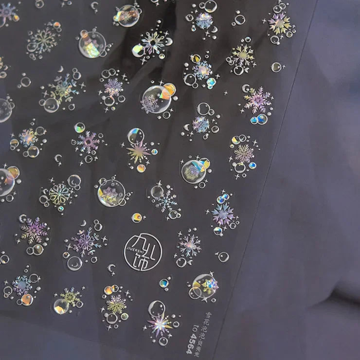 Shiny White Pink Blue Gold Snowflakes Hexagon Water Bubbles Winter 5D Self Adhesive Nail Art Stickers Rhinestone Manicure Decals (ONLINE ORDER ONLY)