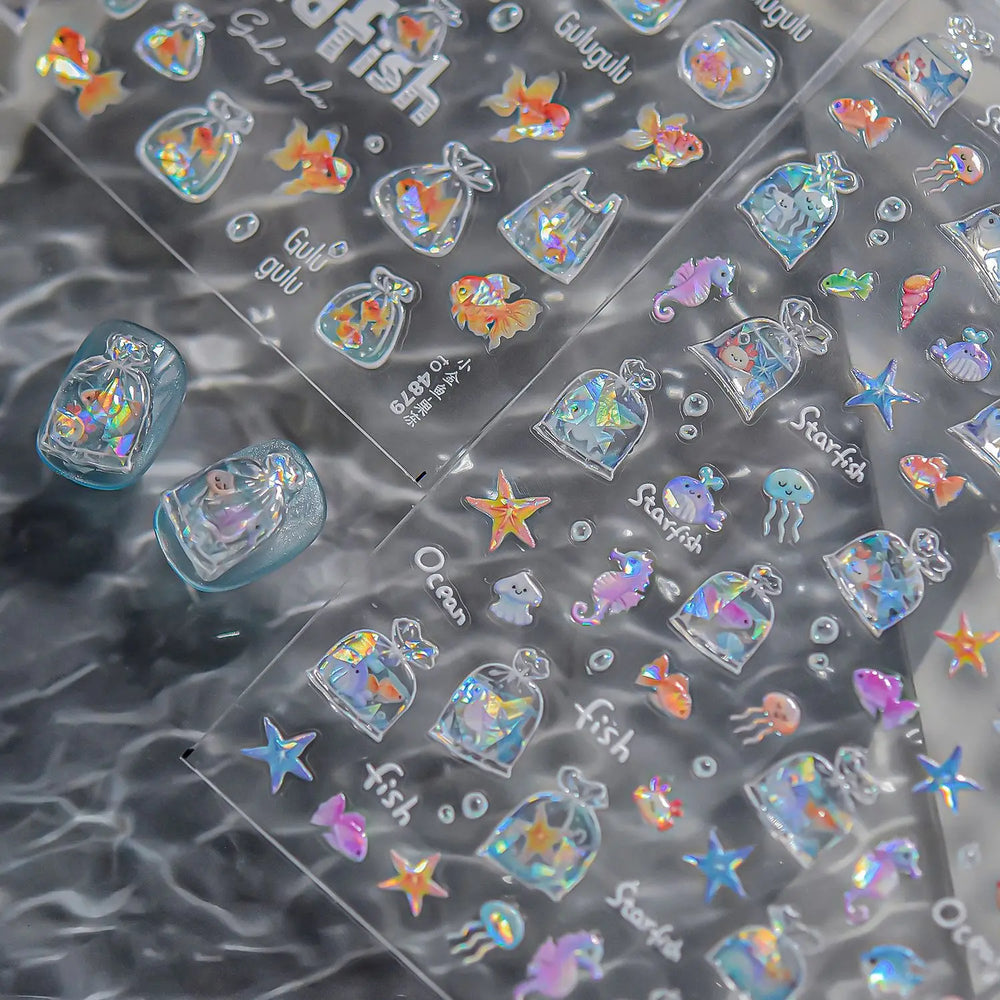 Bagful Brocaded Carp Goldfish Jellyfish Water Bubbles Seahorse Ocean Starfish Whale Adhesive Nail Art Stickers Manicure Decals (ONLINE ORDER ONLY)