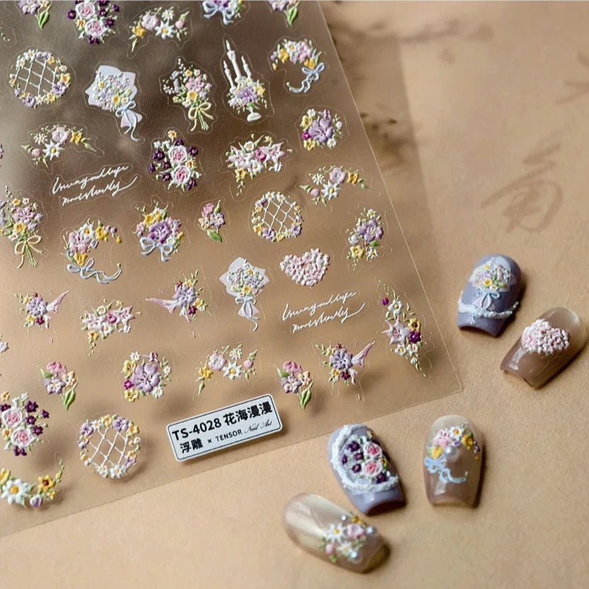 Romantic Flowers Bouquet Butterfly Rose Bowknot Candlestick Wreath Love Heart 5D Self Adhesive Nail Art Stickers Manicure Decals (Online Order Only)