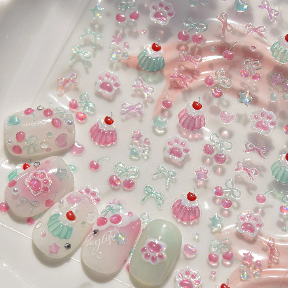 Colored Shiny Jelly Claw Paw Pudding Dessert Cherry Bowknot Cake Bow Tie Drink Food Love Heart Nail Art Sticker Manicure Decal (ONLINE ORDER ONLY)