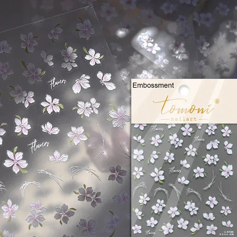 Gradient Coloredful Flower Petal Green Leaf Dreamy Shiny Chinese Rose Fantasy Relief Adhesive Nail Art Stickers Manicure Decals (Online Order Only)
