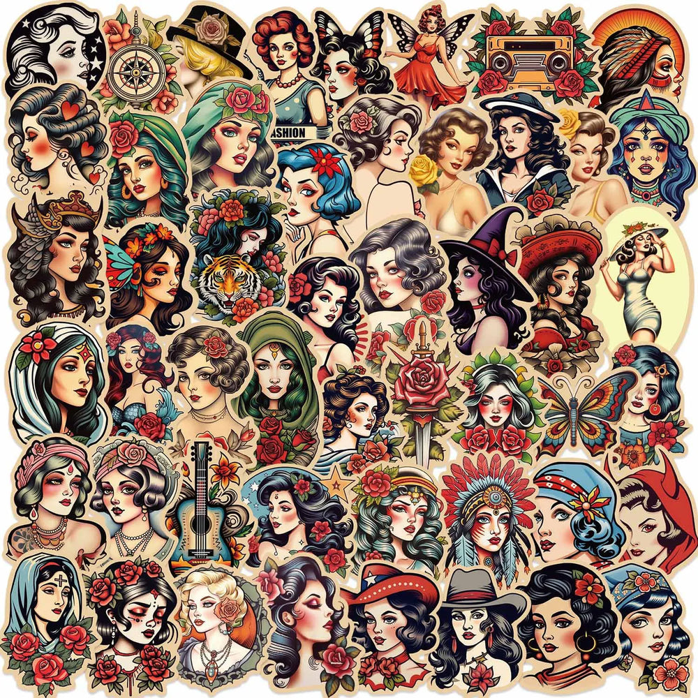 Cartoon Retro Tattoo Girl Stickers for Phone Laptop Luggage Skateboard Decals Gift (ONLINE ORDER ONLY)