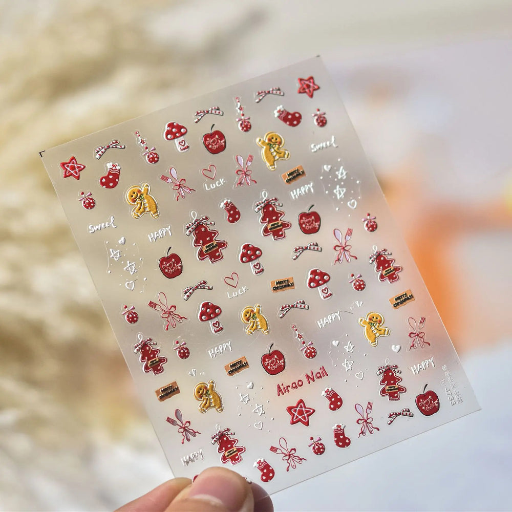 Santa's Hat Candy Santa Claus Christmas Tree Bell Elk 5D Self Adhesive Nail Art Stickers Button Snowflake Cherry Manicure Decals (ONLINE ORDER ONLY)