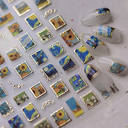 Hot Stamping Colourful Sunflower Starry Night Impressionism Embossment Adhesive Nail Art Sticker Shiny Rhinestone Manicure Decal (Online Order Only)