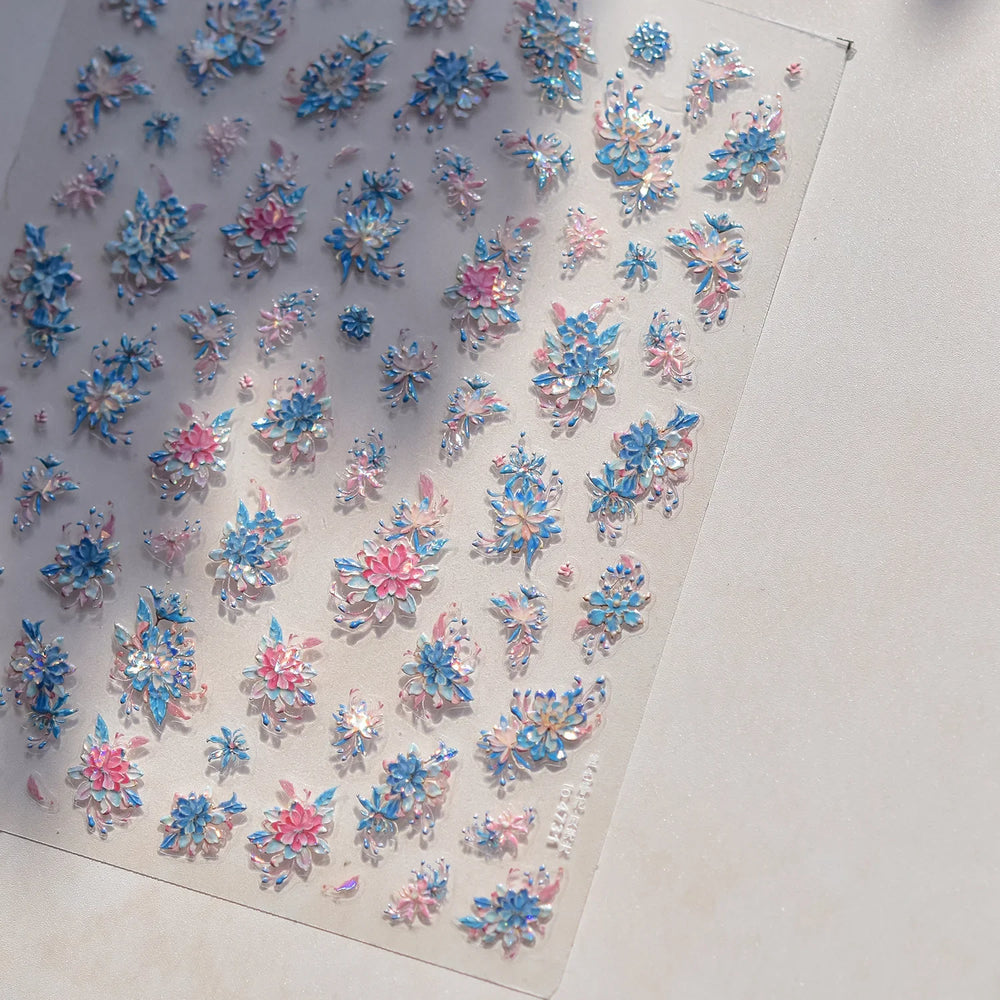 Delicate Shiny Pink Flower Blue Hairpin with Flower Decoration Self Adhesive Nail Art Stickers Pearl Rhinestone Manicure Decals (Online Order Only)