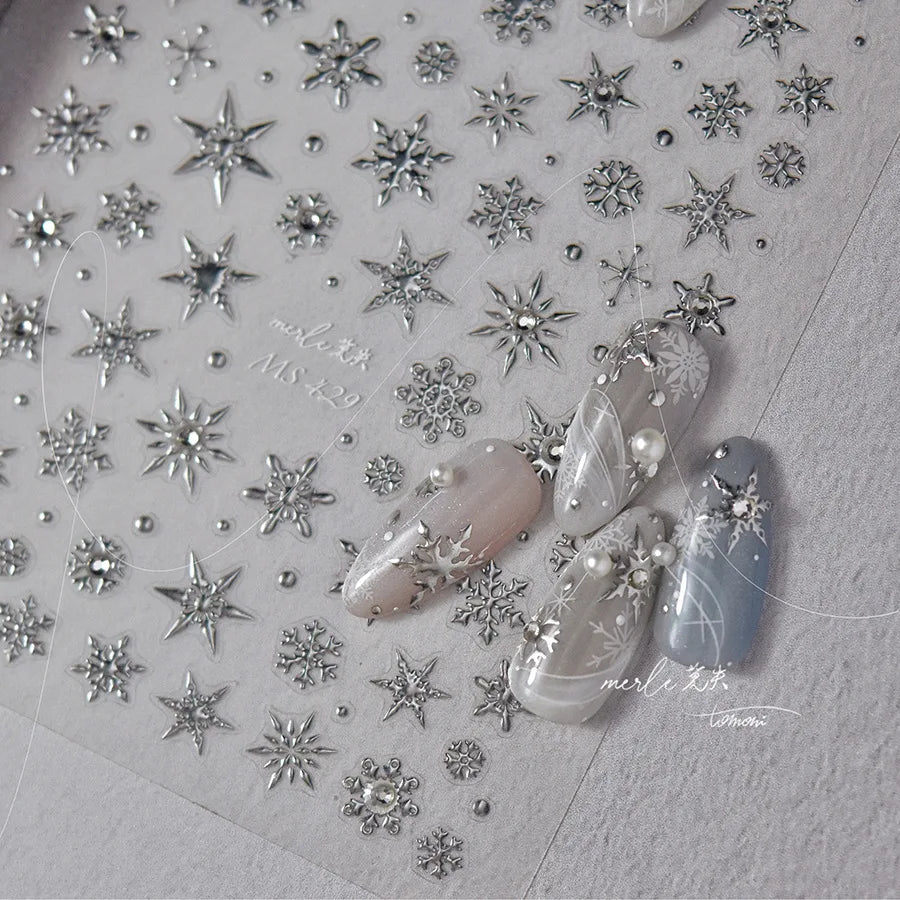 Winter Christmas Crystal Delicate Hexagon Romantic Laser Silver Chic Snowflakes Self Adhesive Nail Art Sticker 5D Manicure Decal (ONLINE ORDER ONLY)