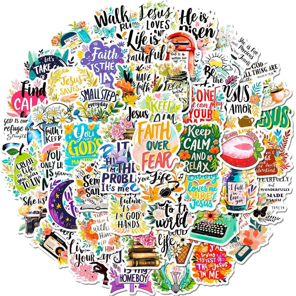 10/50/100Pcs Inspirational Jesus Phrase Graffiti Stickers Bible Verse Faith Decals Cross Words Water Bottle Laptop Phone Sticker (Online Order Only)