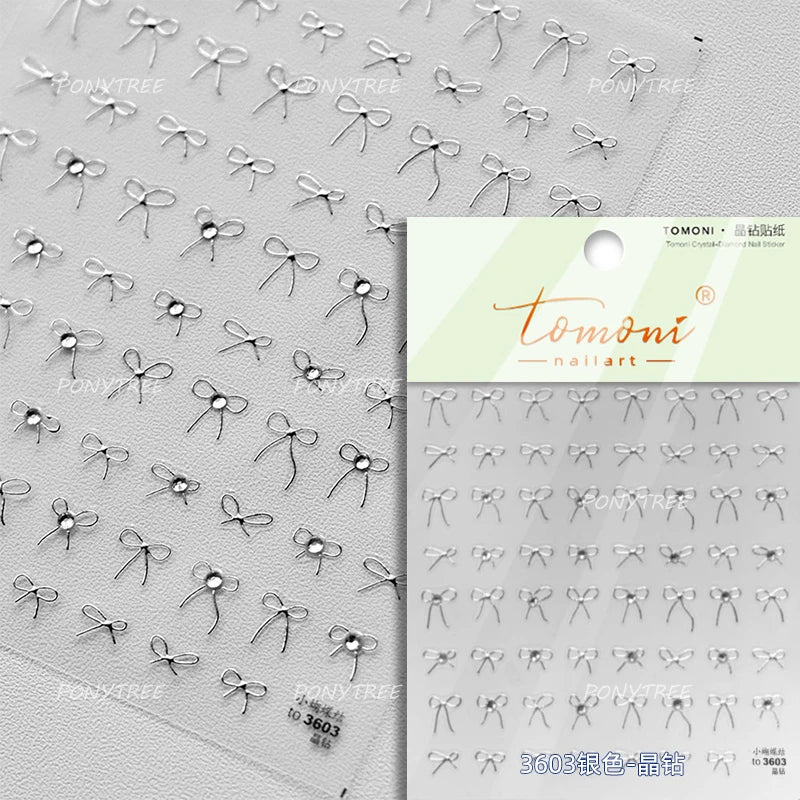 Shiny Pink Silver Gold Bowknot Tie Line Mini Delicate 3D 5D Self Adhesive Nail Art Stickers Embossment Rhinestone Manicure Decal (Online Order Only)