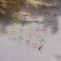 Gradient Coloredful Flower Petal Green Leaf Dreamy Shiny Chinese Rose Fantasy Relief Adhesive Nail Art Stickers Manicure Decals (Online Order Only)