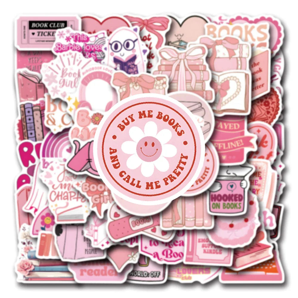 Cute Pink Book Stickers Set: Reading Cartoon Decals for Scrapbook, Laptop, Phone, Luggage, DIY Decoration Gift (Online Order Only)