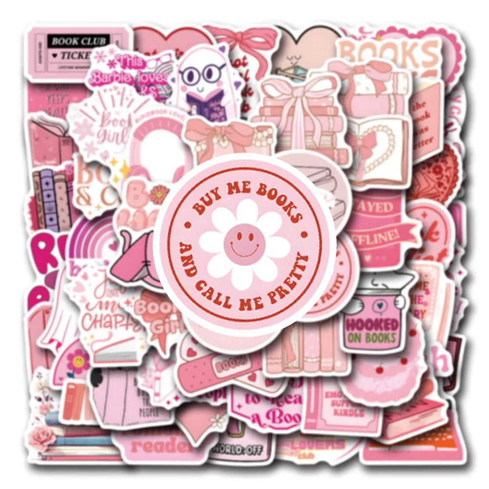 Cute Pink Book Stickers Set: Reading Cartoon Decals for Scrapbook, Laptop, Phone, Luggage, DIY Decoration Gift (Online Order Only)