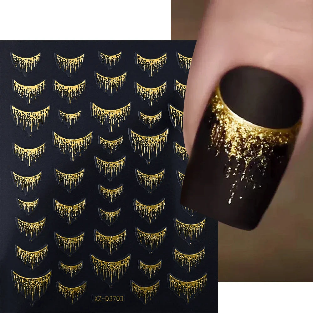 1pc 3D Gradient French Nail Stickers with Crown & Tassel Design Gold Silver Lines Self-Adhesive Nail Art Waterfall Manicure Foil (Online Order Only)