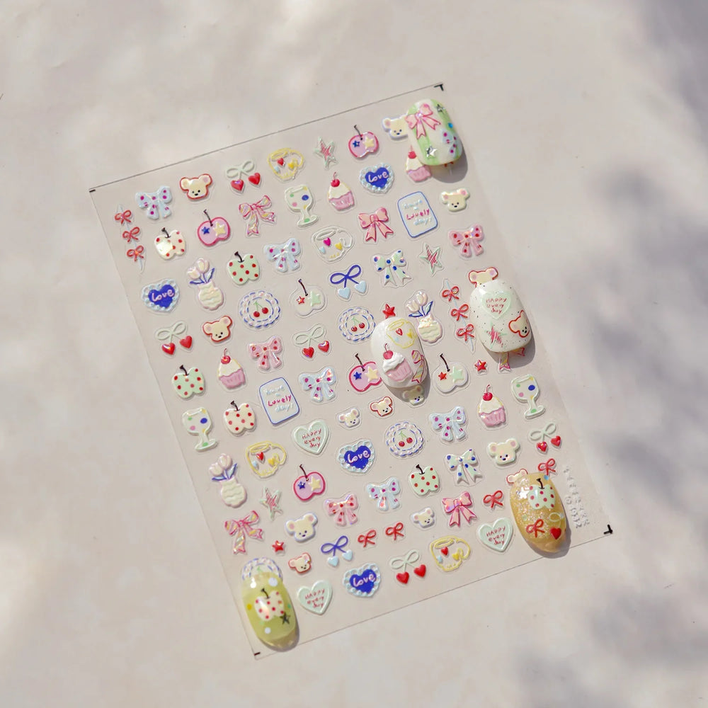 Cute Lucky Bear Apple Core Star Bowknot Flower Delicious Cookies Cherry Cake Dessert Milk Vase Adhesive Nail Art Stickers Decals (ONLINE ORDER ONLY)