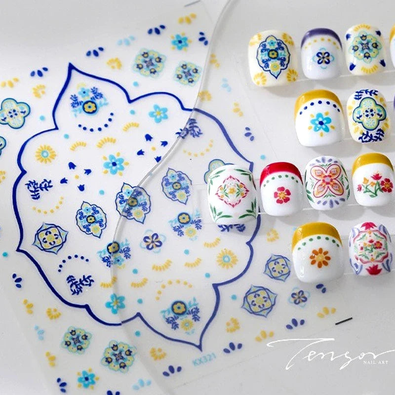 Pink Blue Yellow Embroidery Totems Geometric Floral Pattern Flower 5D Embossed Nail Art Stickers Bohemian Style Manicure Decals (ONLINE ORDER ONLY)