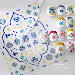 Pink Blue Yellow Embroidery Totems Geometric Floral Pattern Flower 5D Embossed Nail Art Stickers Bohemian Style Manicure Decals (ONLINE ORDER ONLY)