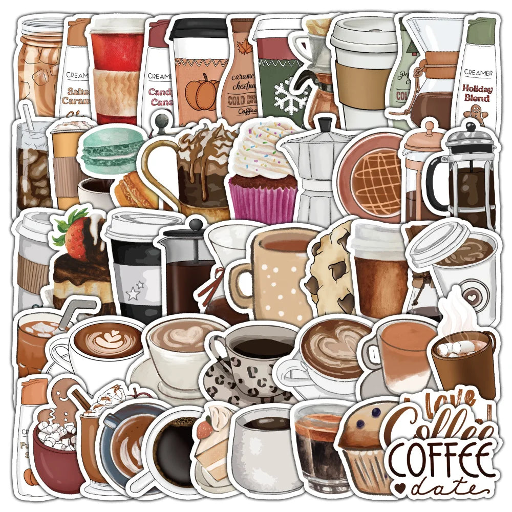 10/50Pcs Coffee Drink Stickers Cute Animal Cartoon Decals DIY Skateboard Scrapbook Phone Car Laptop Decoration Sticker Toys (Online Order Only)