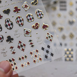 Poker Red Love Heart Square Grid Star Moon Card Pattern Spade Retro 3D Self Adhesive Nail Art Decoration Sticker Manicure Decals (Online Order Only)