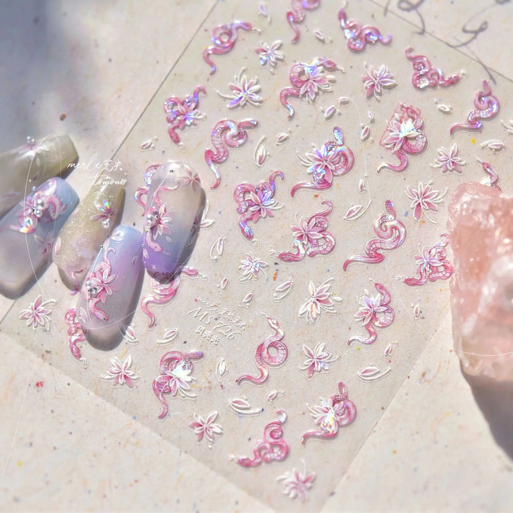 Chic Purple Serpent Flower Winding Snake Elements Shiny Dreamy Animals Self Adhesive Nail Art Sticker Embossment Manicure Decals (ONLINE ORDER ONLY)
