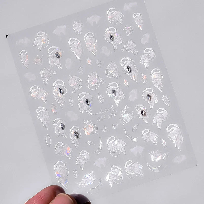 Charming White Shiny Pearl Rhinestone Wings Feathers Crown Moon Stars 3D Self Adhesive Nail Art Sticker Manicure Decal Wholesale (ONLINE ORDER ONLY)