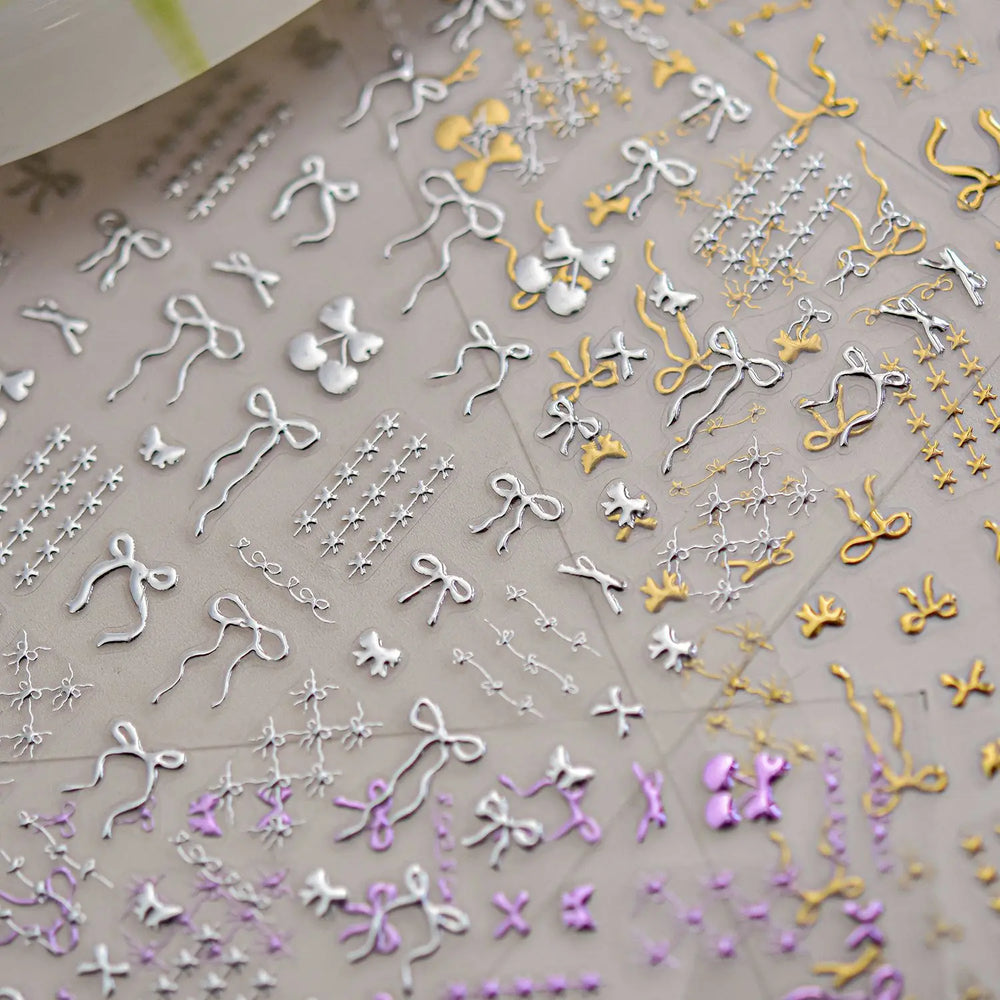 Purple Gold Silver Bowknot Cherry Fruit Cute Ribbon Tie Line Delicate 3D Adhesive Nail Art Stickers Manicure Decals Wholesale (Online Order Only)