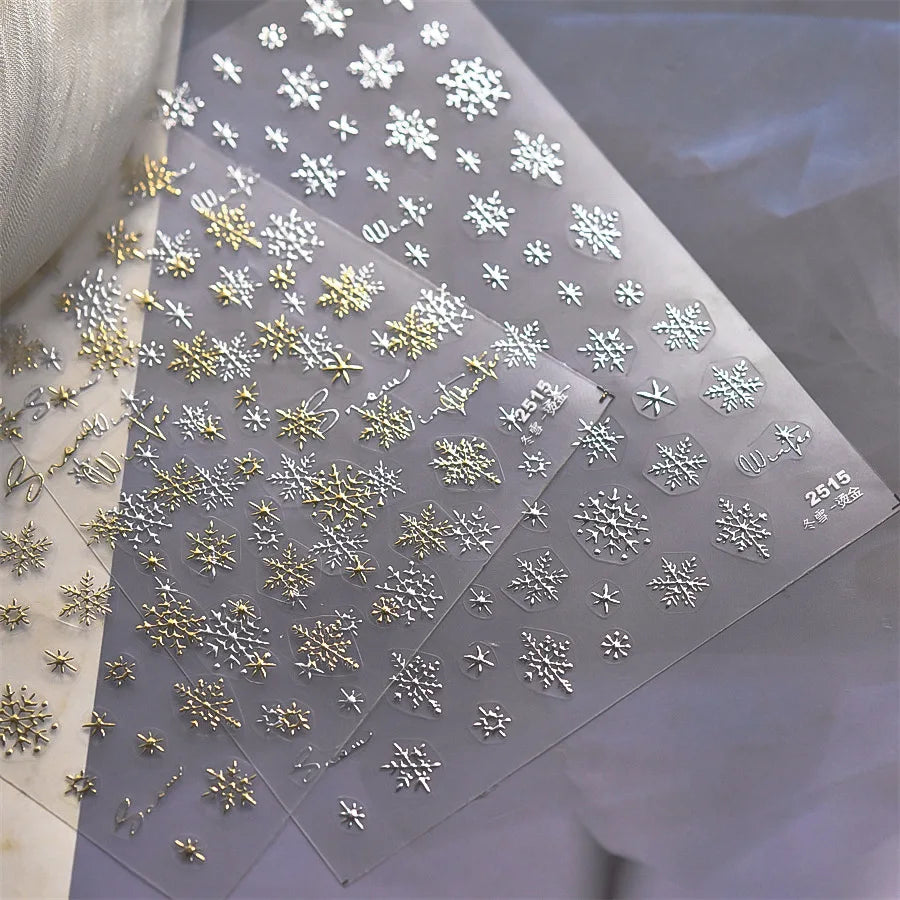 Hot Stamping Romantic White Gold Snowflakes Hexagon Winter 3D Self Adhesive Nail Art Stickers Shiny Rhinestone Manicure Decals (Online Order Only)