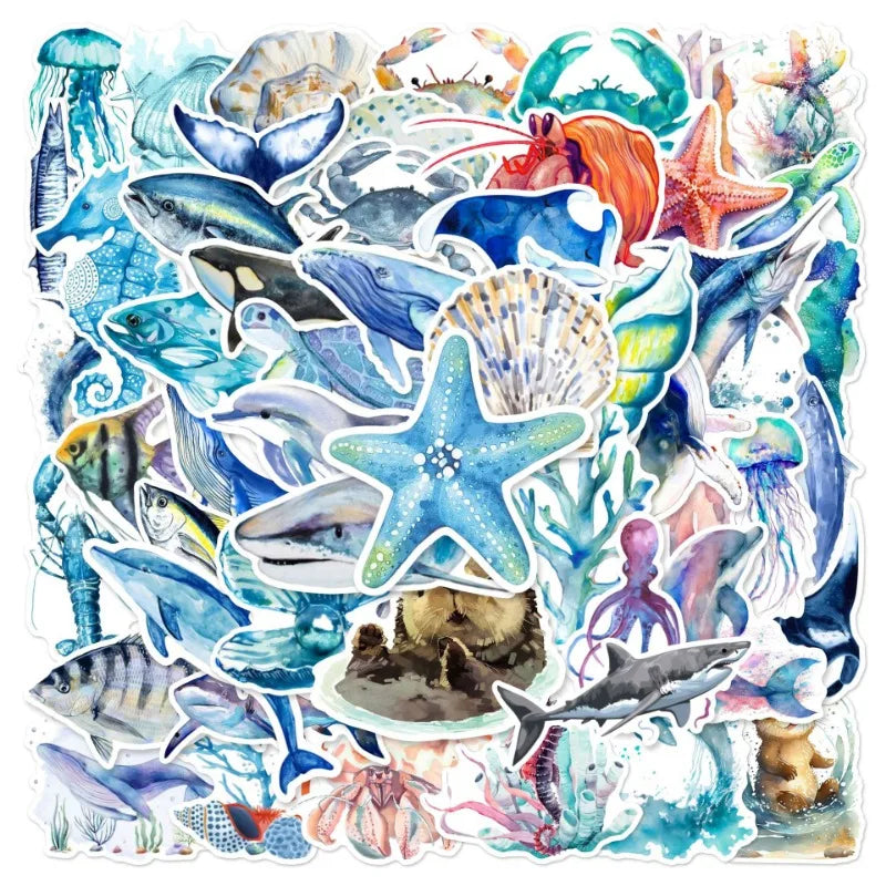 Ocean World Stickers: Sea Fish Graffiti for Phone, Laptop, Guitar, Luggage, Skateboard, Car DIY (10/25/50pcs) (Online Order Only)