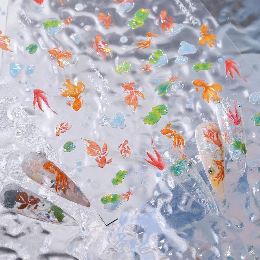 Lotus Leaf Brocaded Carp Koi Playing Goldfish Cavort Ripple Droplet Water Bubbles Self Adhesive Nail Art Stickers Manicure Decal (Online Order Only)
