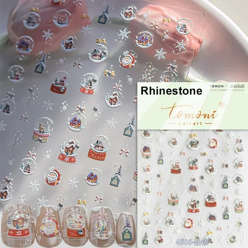 Black White Christmas Tree Snowflake Bowknot Snowman Socks Star Santa Hat Deer Rhinestone Winter Nail Art Sticker Manicure Decal (Online Order Only)