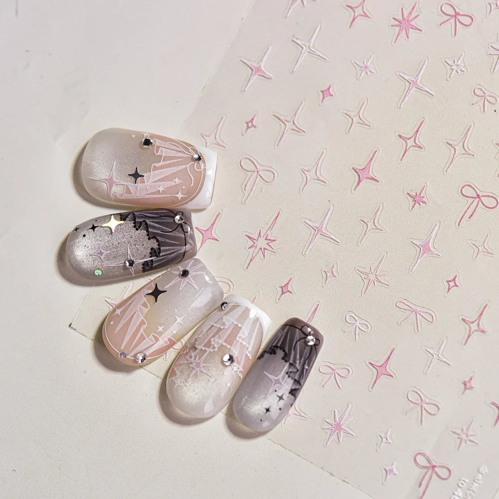 Pink Blue Bowknot Star Lace Round Dot Starburst Spot Leopard Print 3D Self Adhesive Nail Art Decorations Sticker Manicure Decals (ONLINE ORDER ONLY)